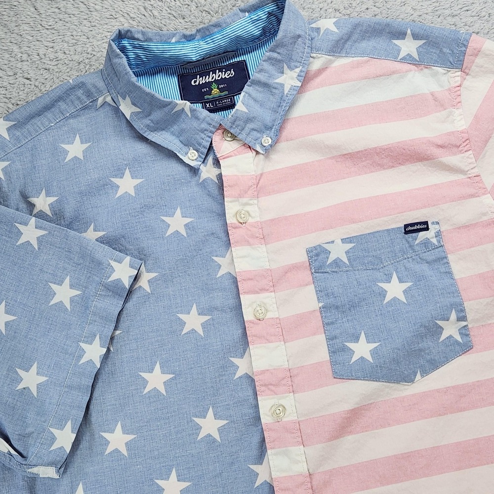 Chubbies Shirt Mens XL Blue Pink USA Flag Stars Stripes Short Sleeve Button Up